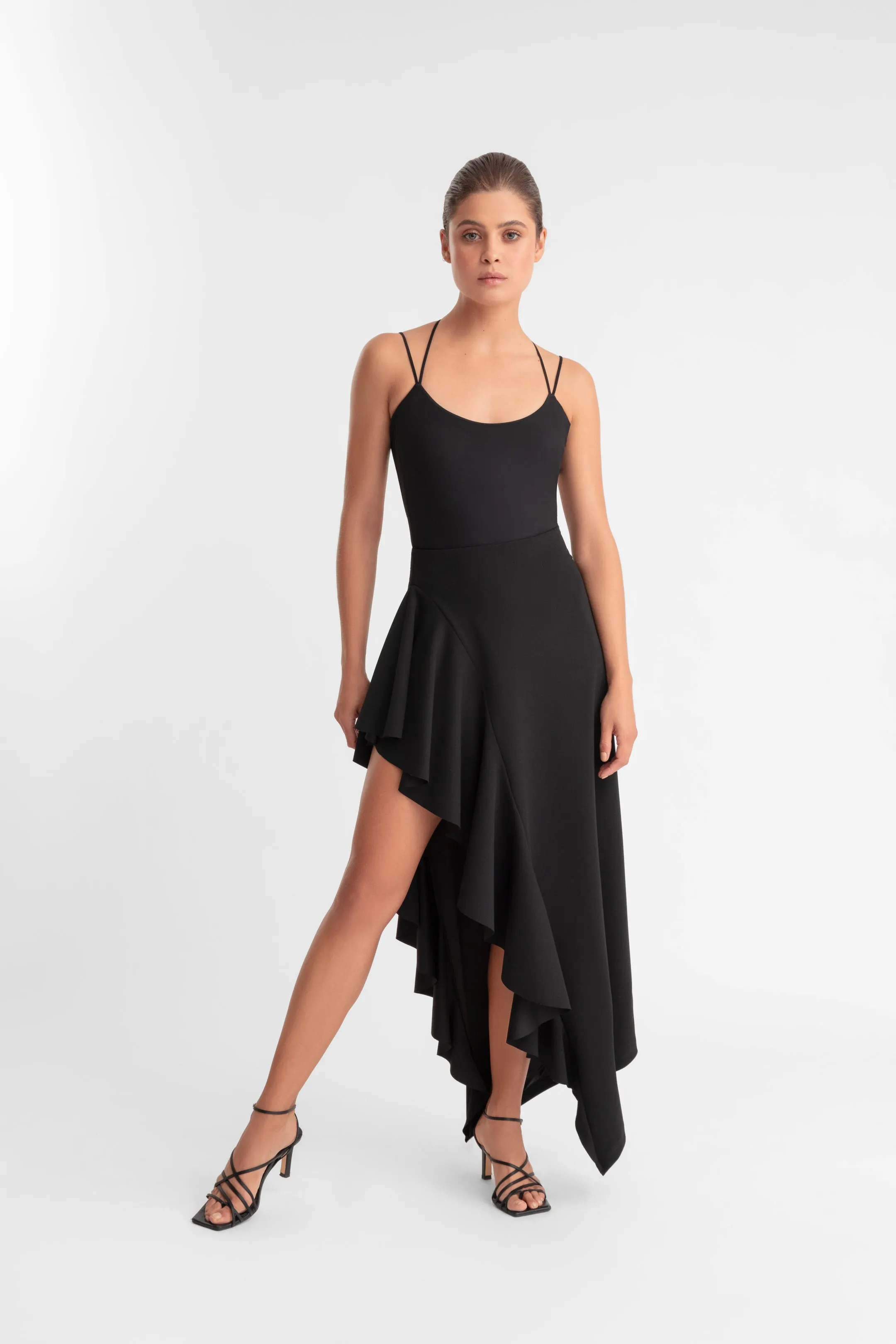 ANNE ASYMMETRIC RUFFLES SKIRT BLACK