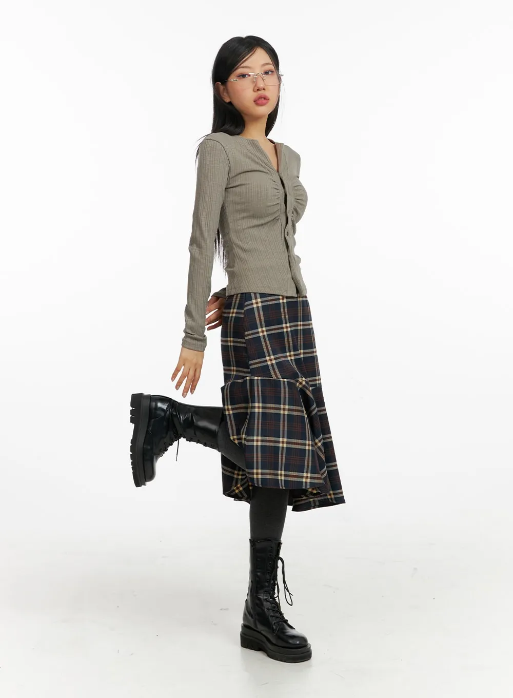 Asymmetrical Flare Check Midi Skirt CF408