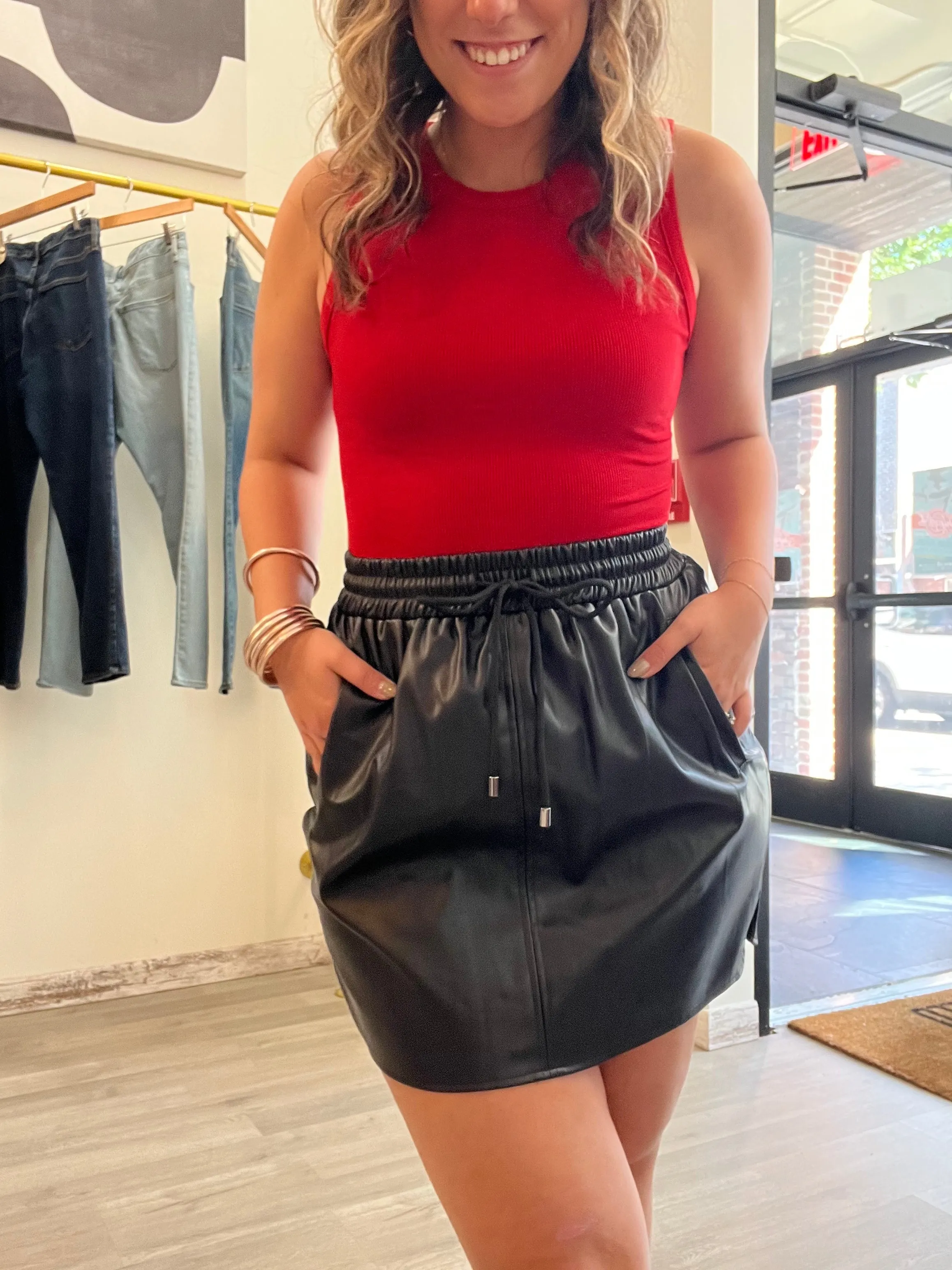 Black Leather Elastic Band Skirt