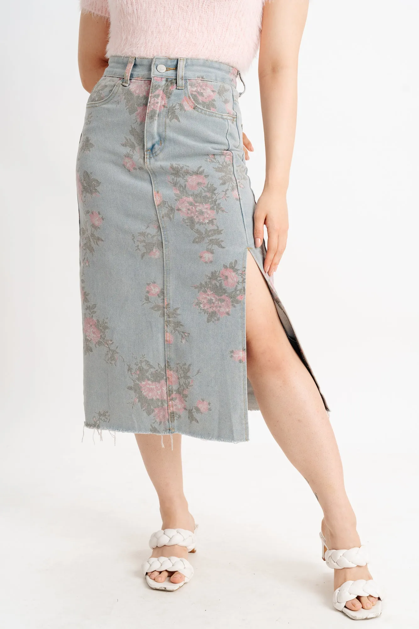 Blue Floral Denim Slit Skirt