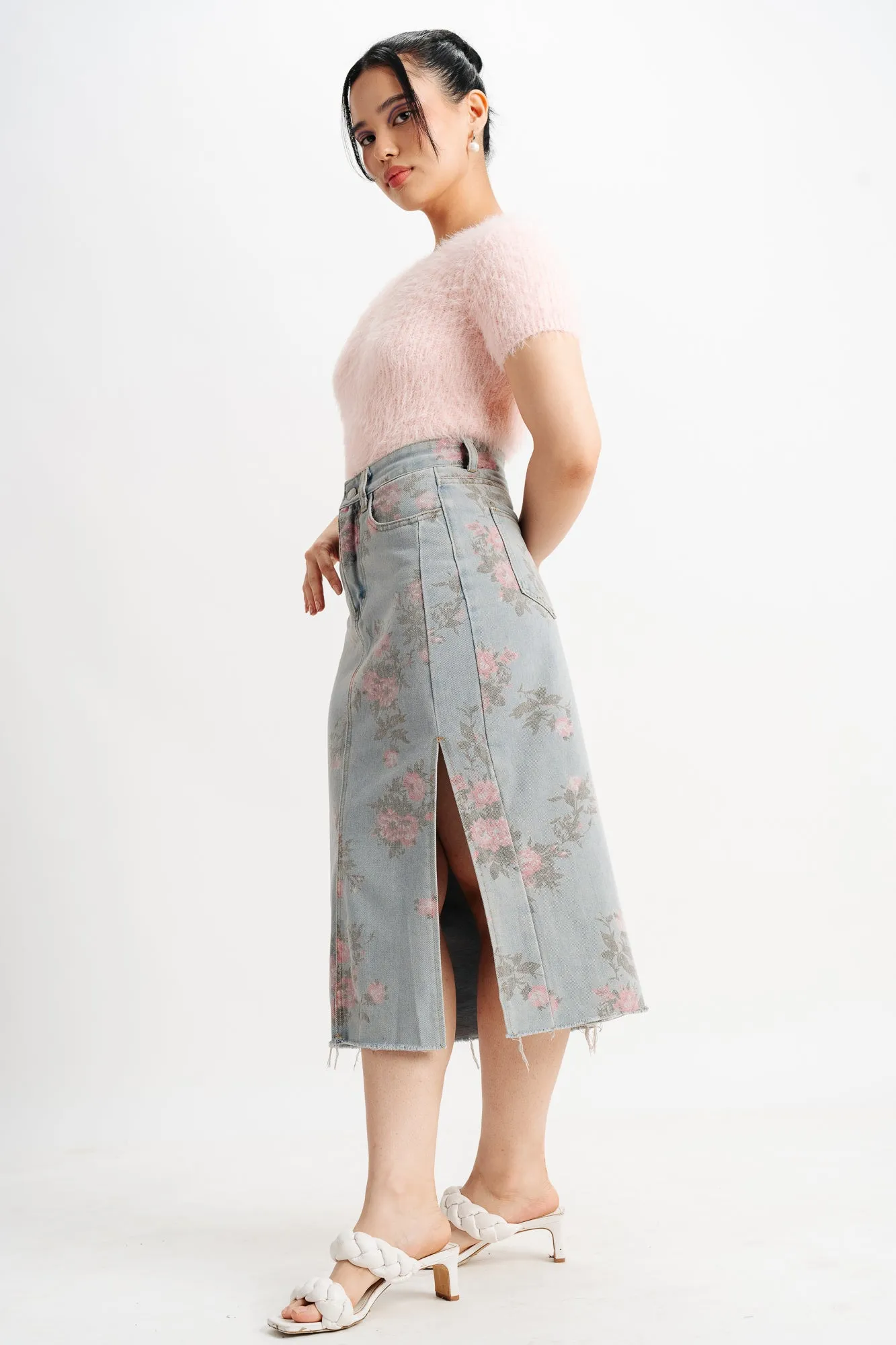 Blue Floral Denim Slit Skirt