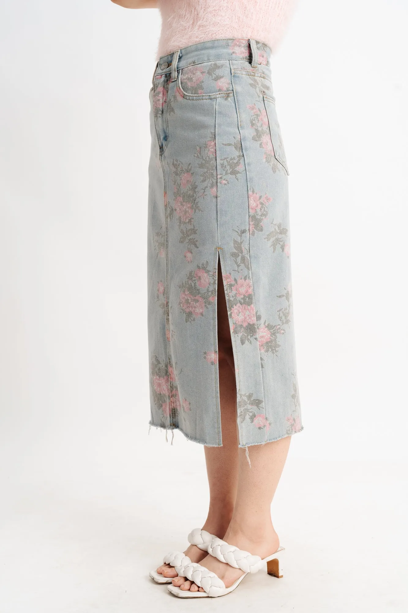 Blue Floral Denim Slit Skirt