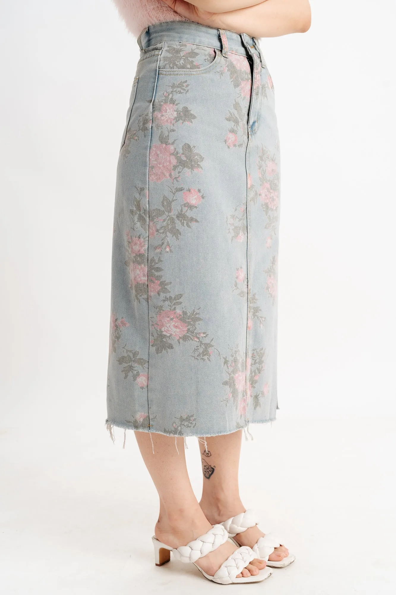 Blue Floral Denim Slit Skirt