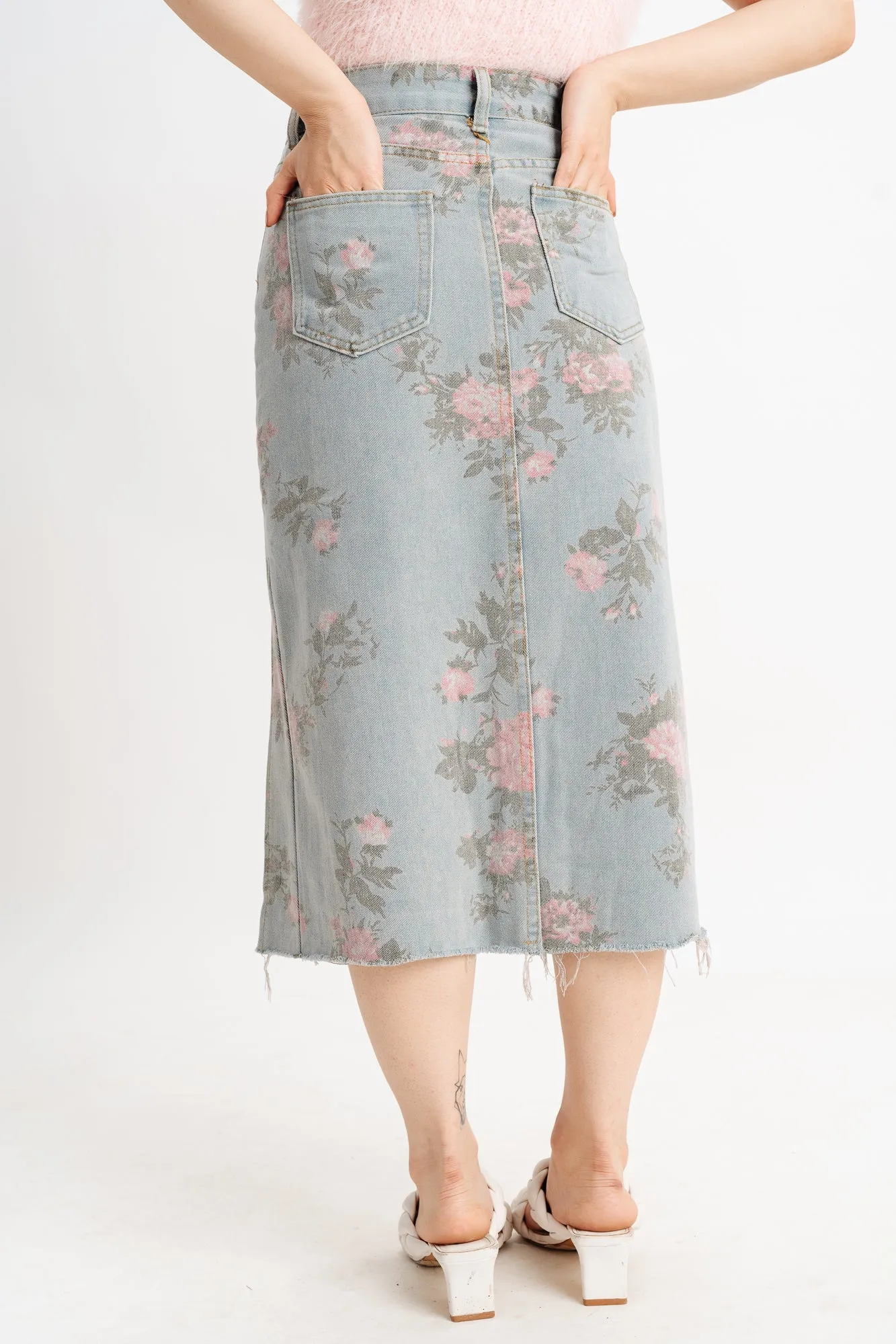 Blue Floral Denim Slit Skirt