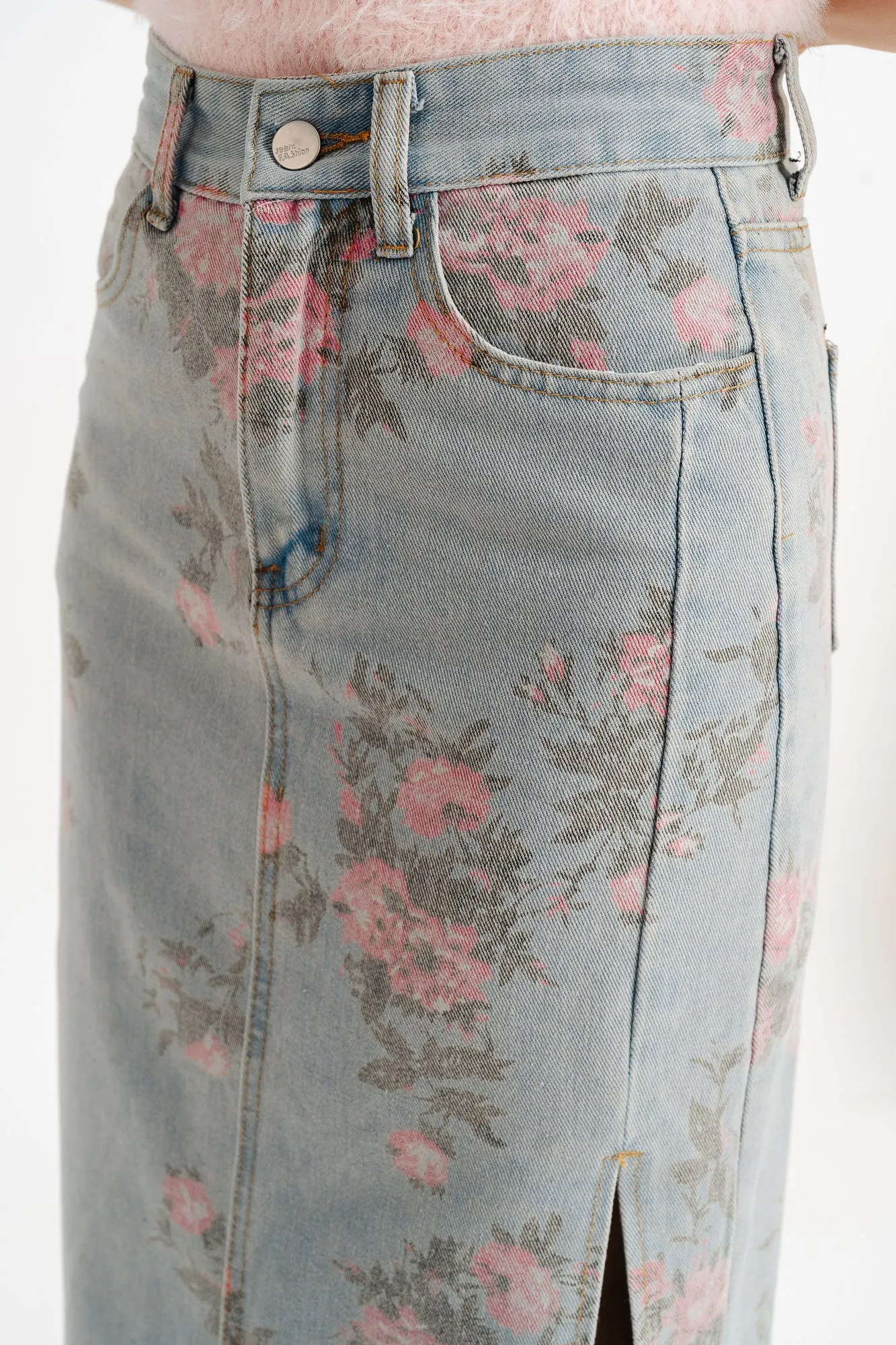 Blue Floral Denim Slit Skirt