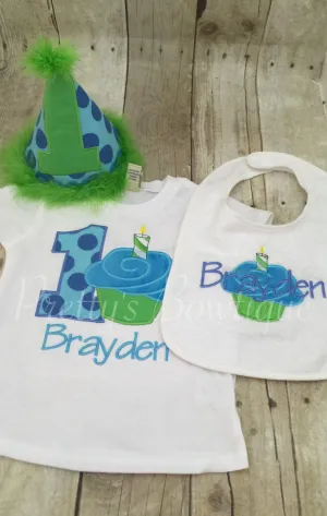 Boys 1st Birthday cupcake party hat shirt or onepiece , and bib. Can customize