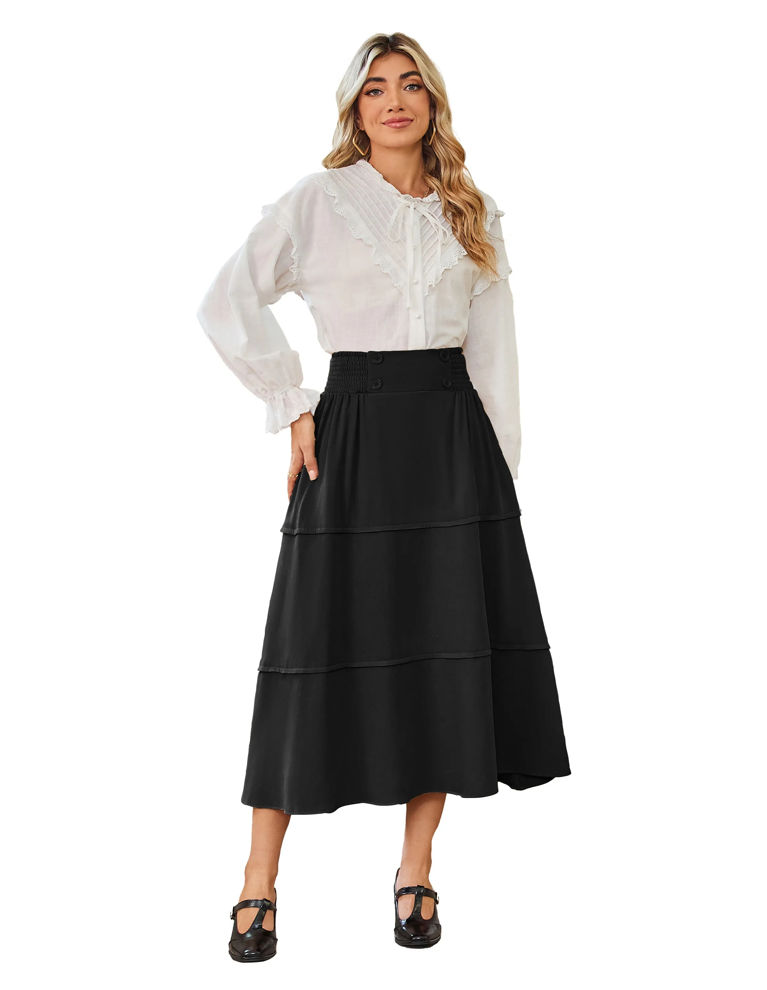 BP Women Vintage Tiered Swing Skirt Elastic Waist Mid-Calf Flared A-Line Skirt