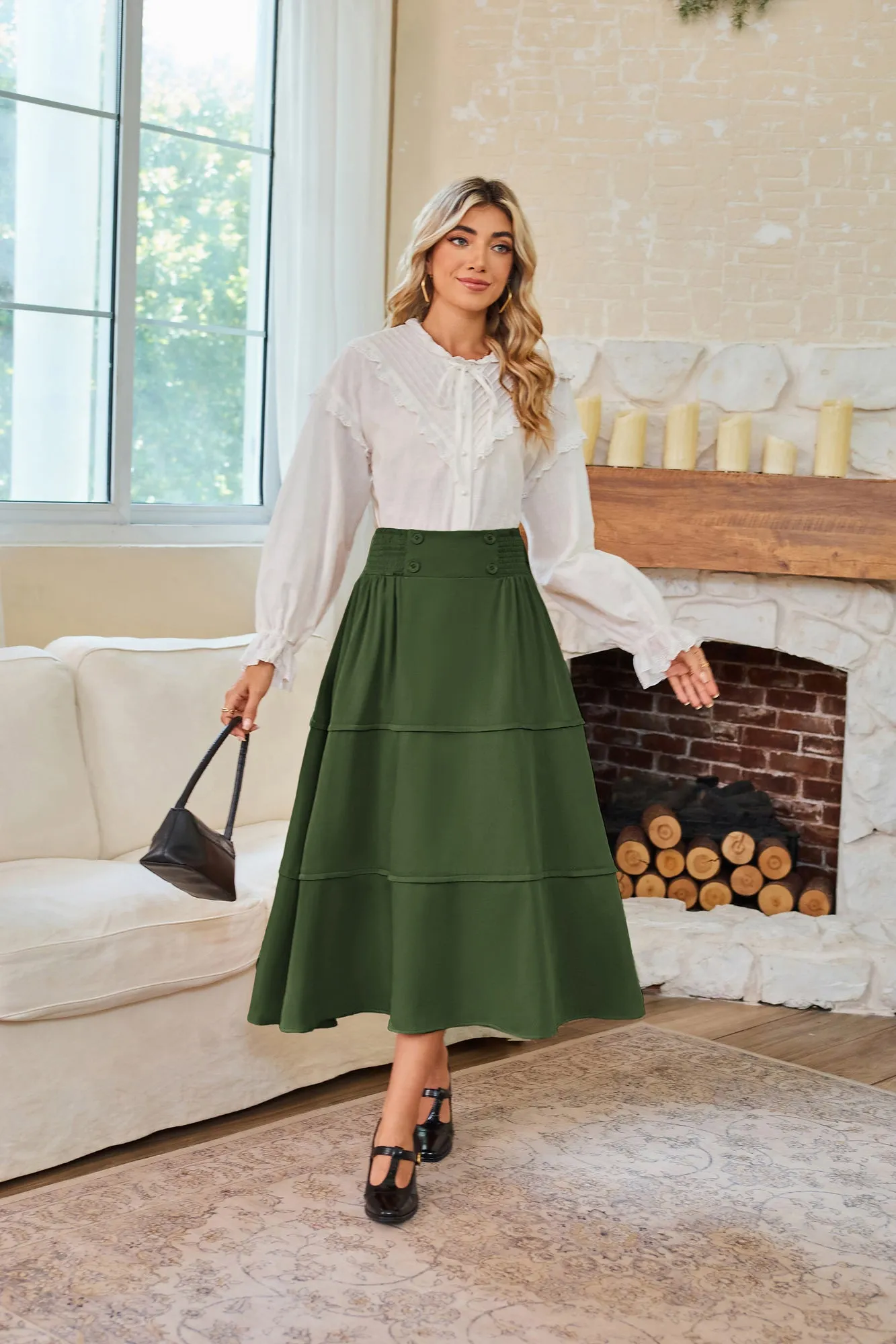 BP Women Vintage Tiered Swing Skirt Elastic Waist Mid-Calf Flared A-Line Skirt