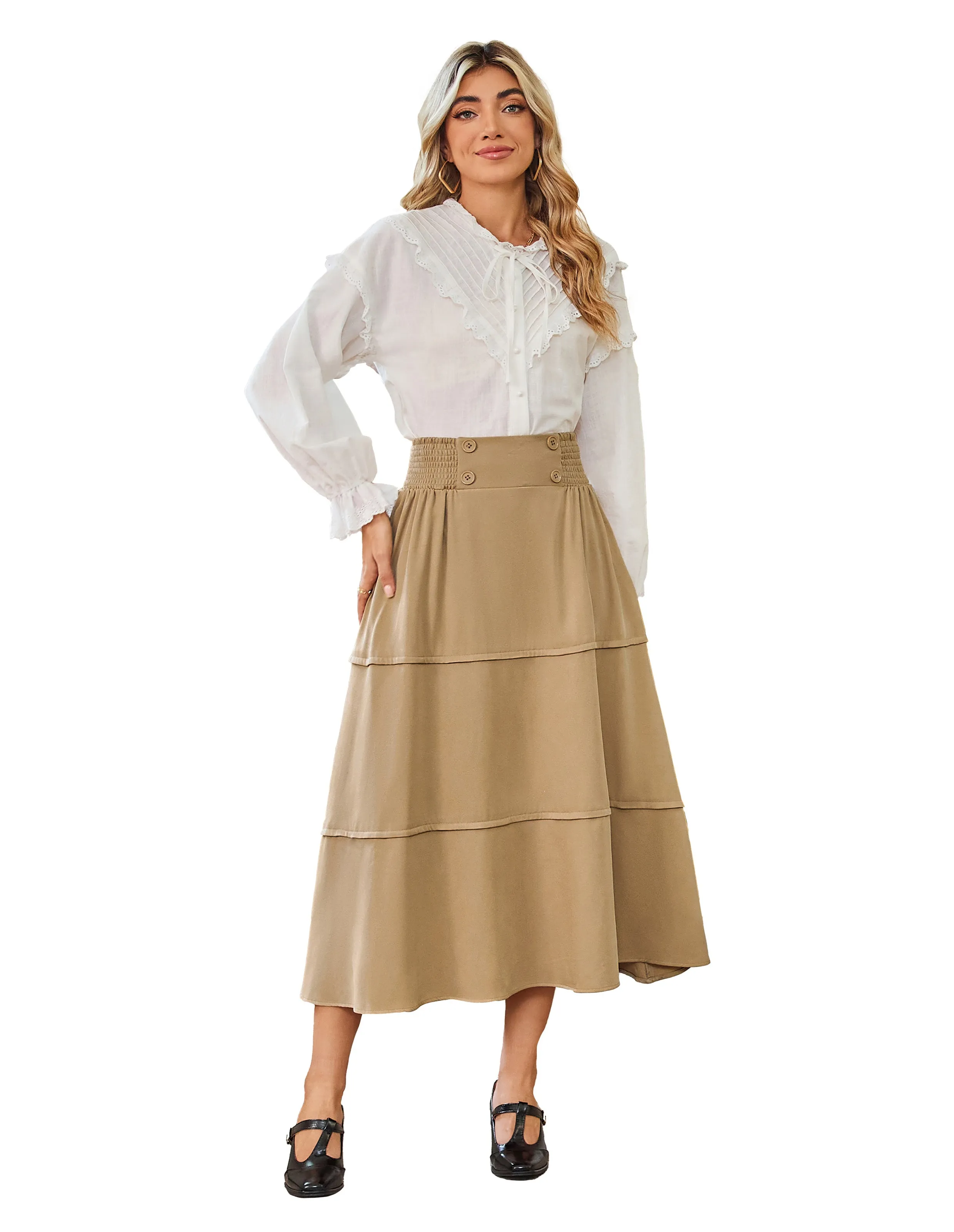 BP Women Vintage Tiered Swing Skirt Elastic Waist Mid-Calf Flared A-Line Skirt