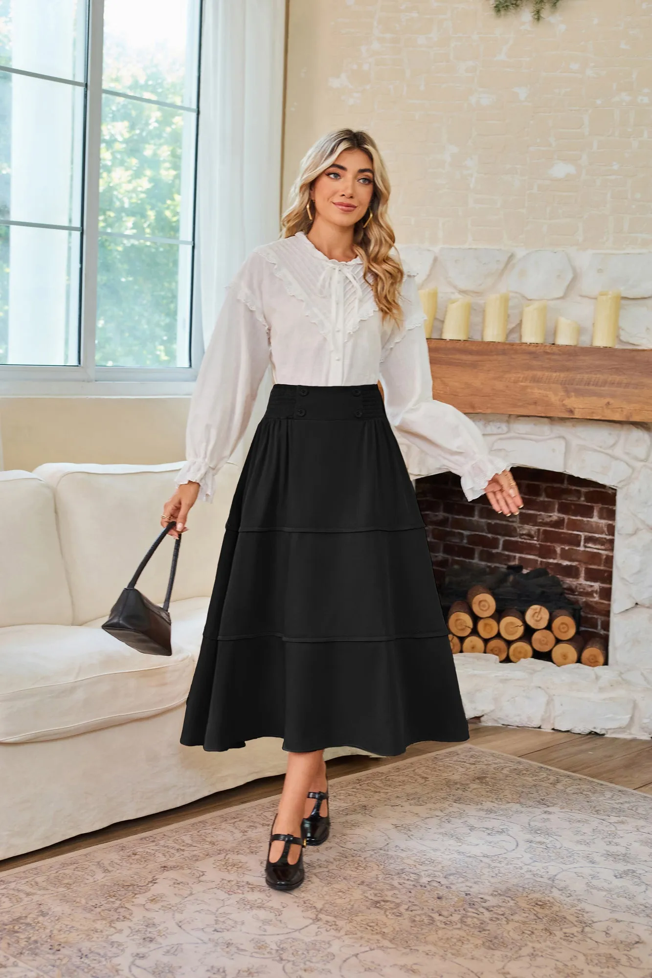 BP Women Vintage Tiered Swing Skirt Elastic Waist Mid-Calf Flared A-Line Skirt