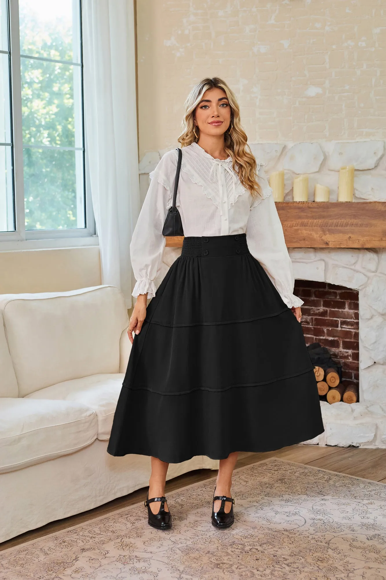 BP Women Vintage Tiered Swing Skirt Elastic Waist Mid-Calf Flared A-Line Skirt