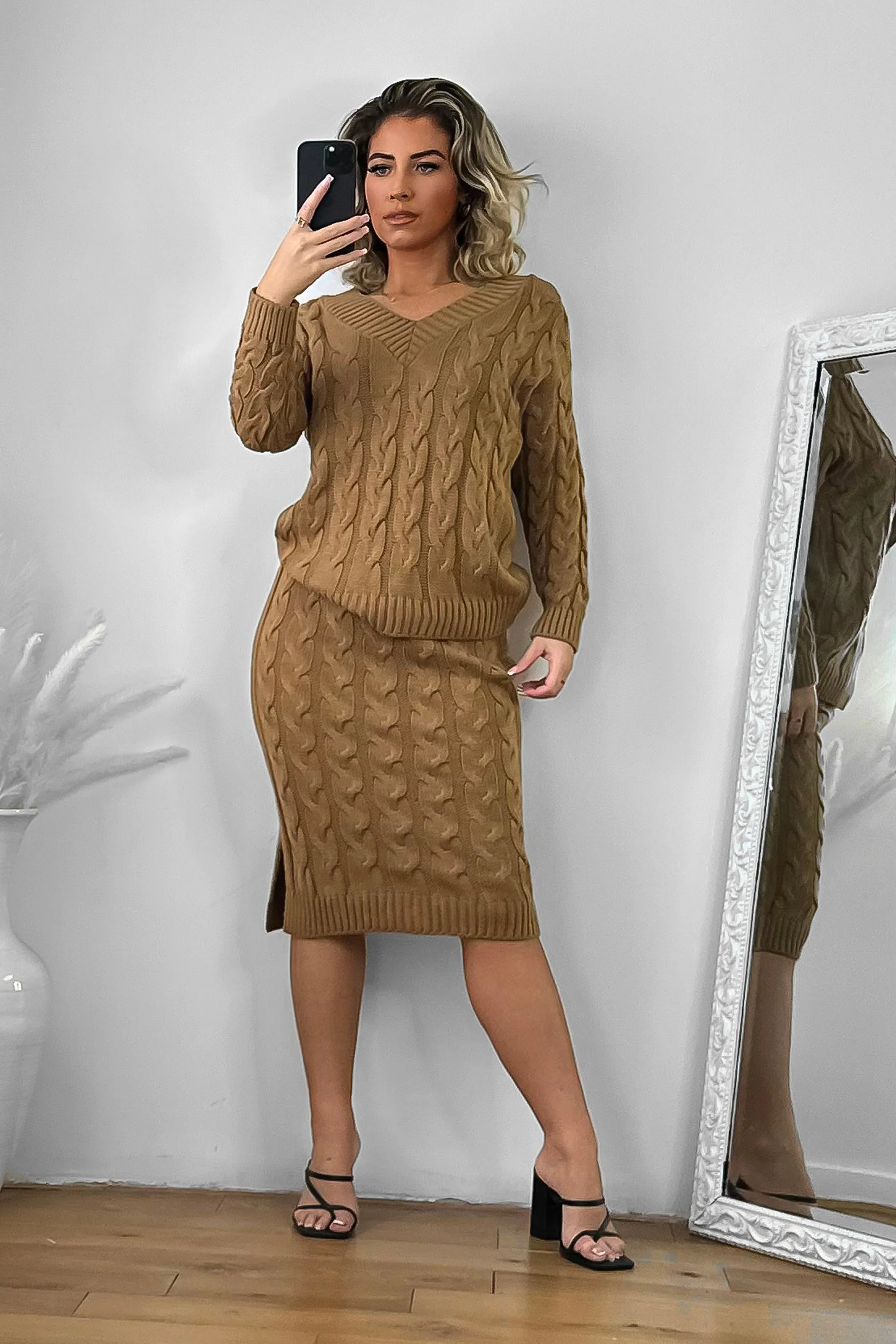 Braided Knit Skirt And Pullover Set