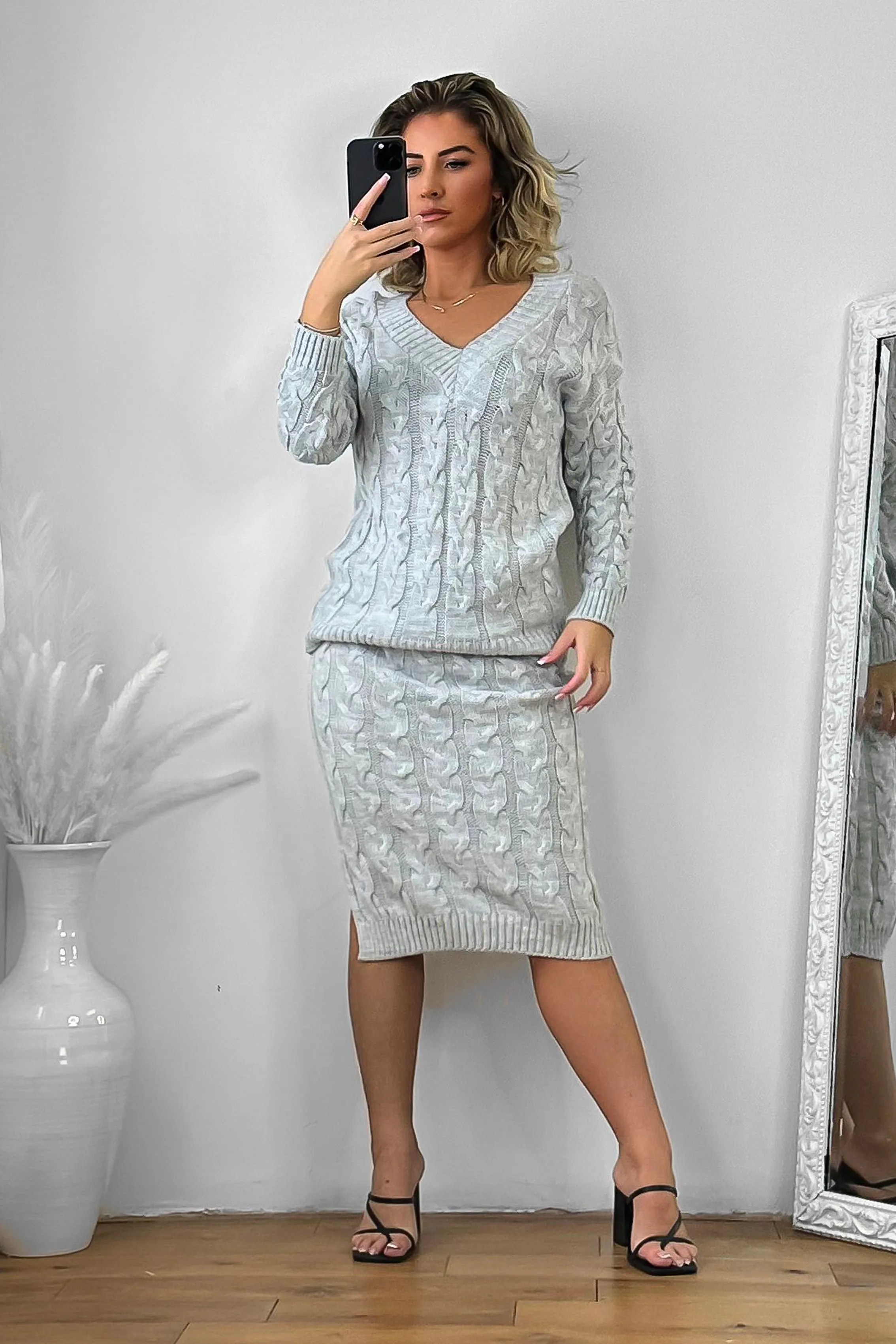 Braided Knit Skirt And Pullover Set