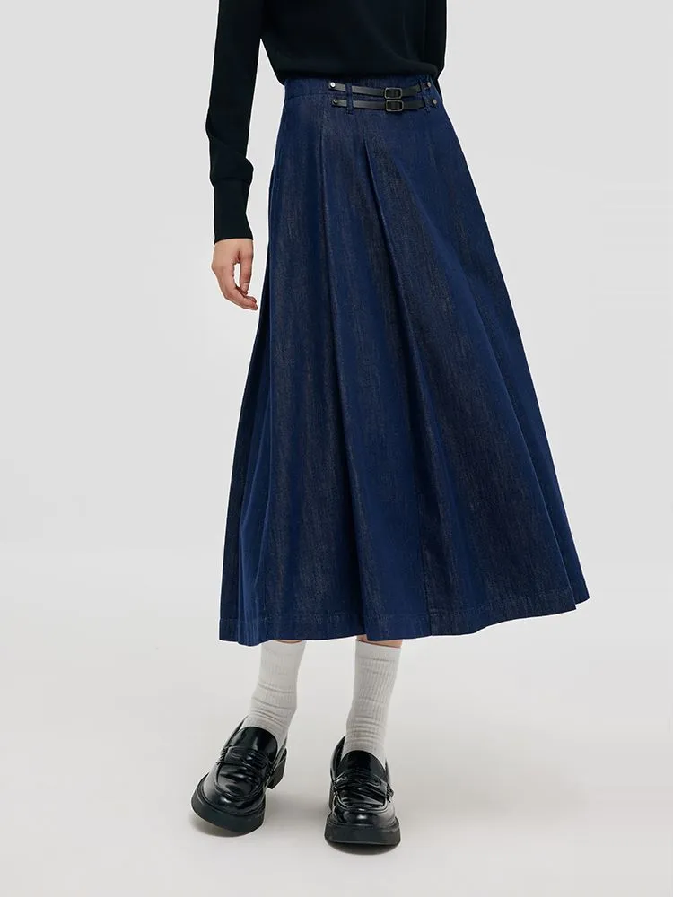 Denim Pleated Women Half Skirt