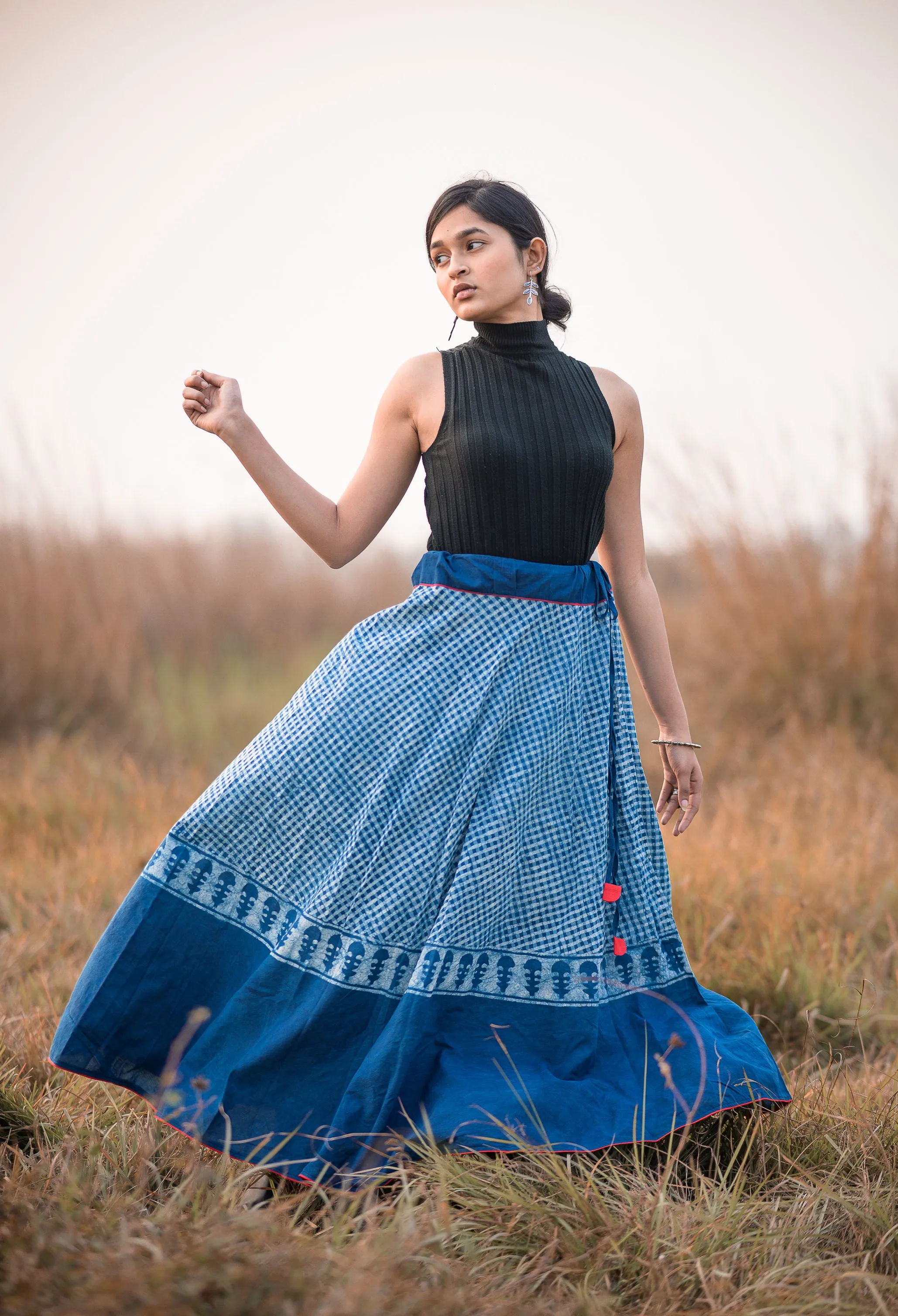 Kaisori Indigo Dabu striped handblockprinted  skirt