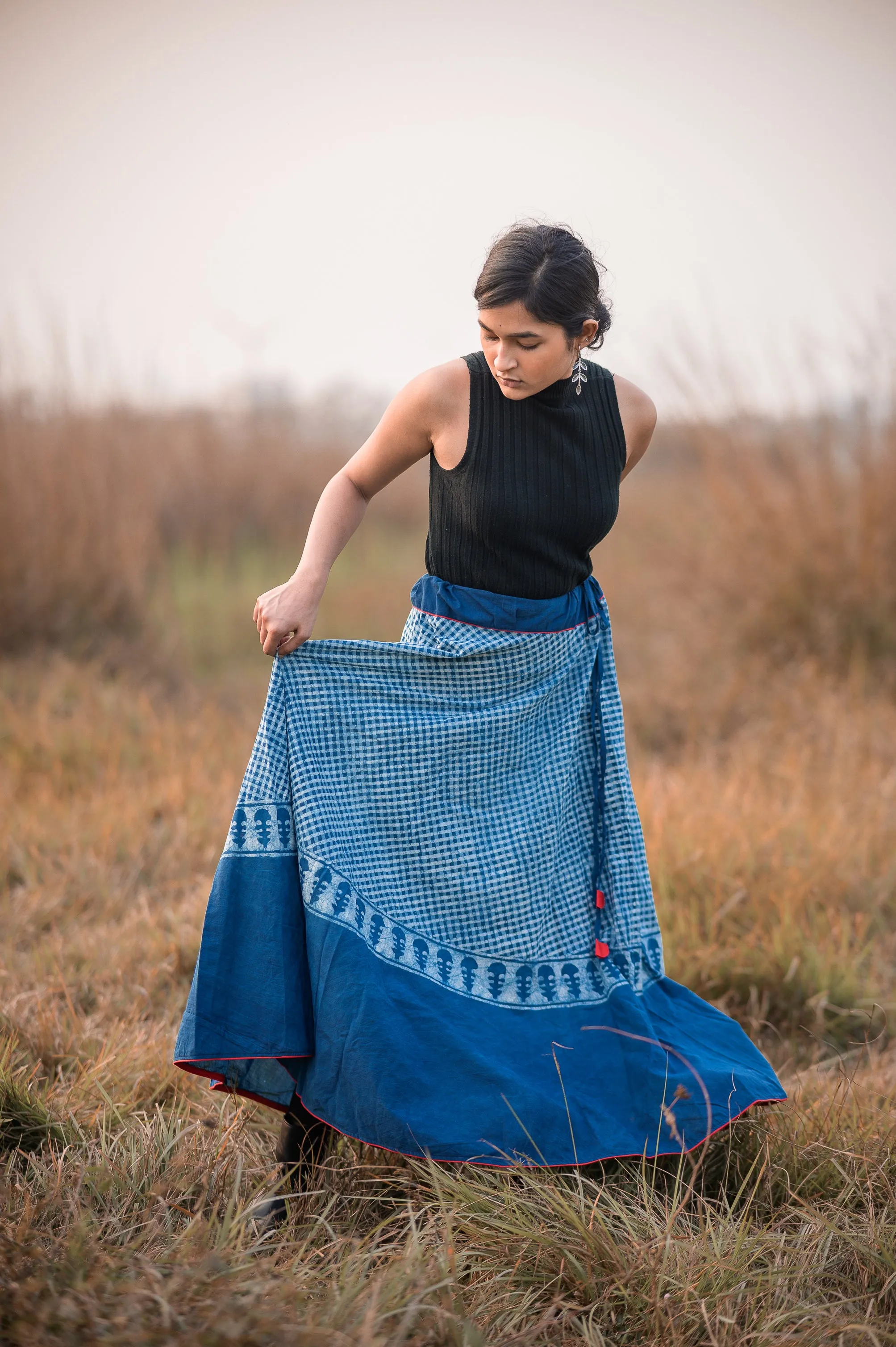 Kaisori Indigo Dabu striped handblockprinted  skirt