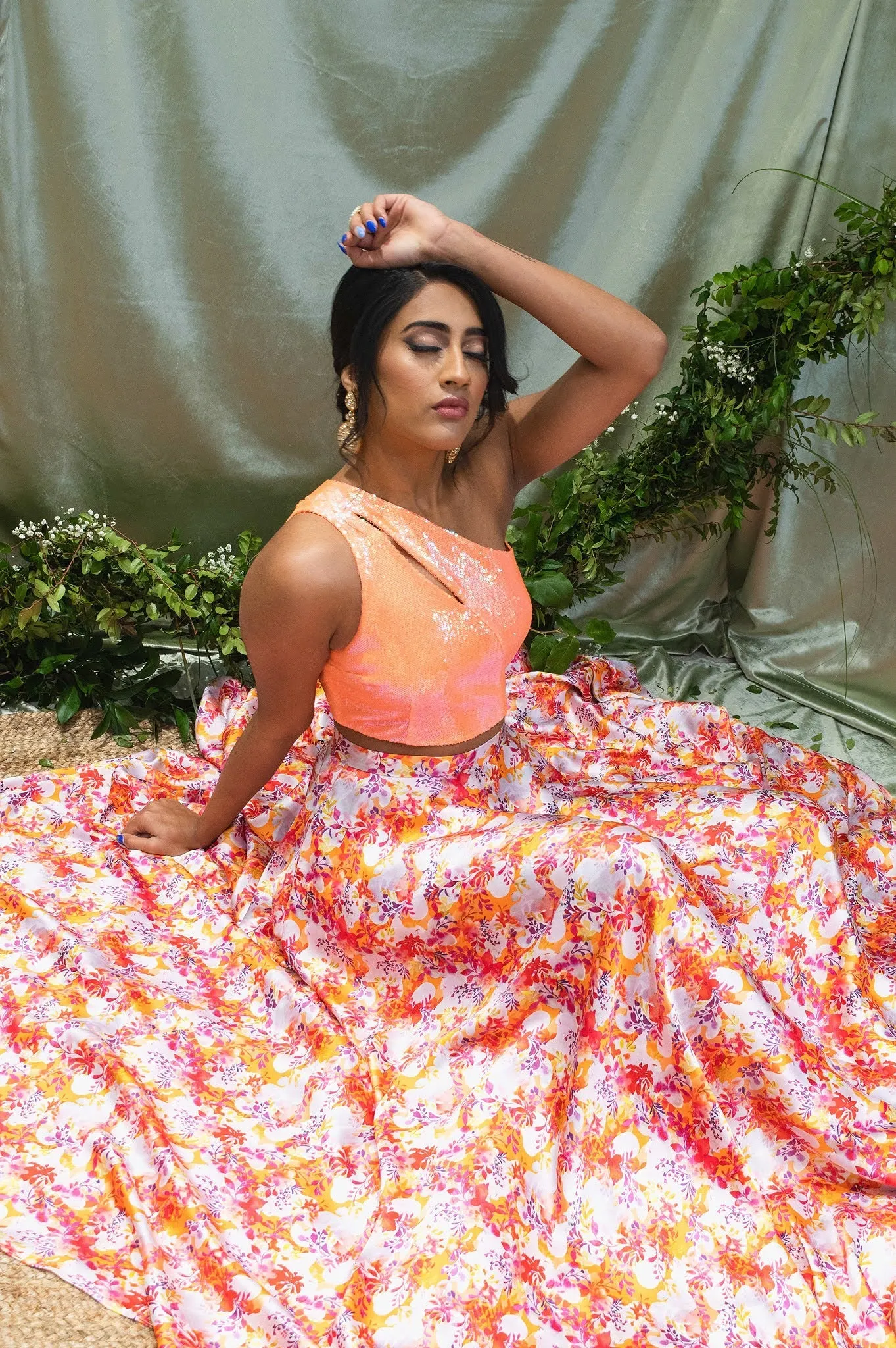 KIANA Orange Watercolor Floral Lehenga Skirt