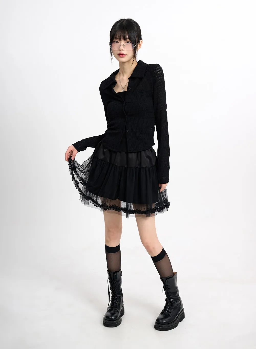 Mesh Ruffle Hem Mini Skirt CM415