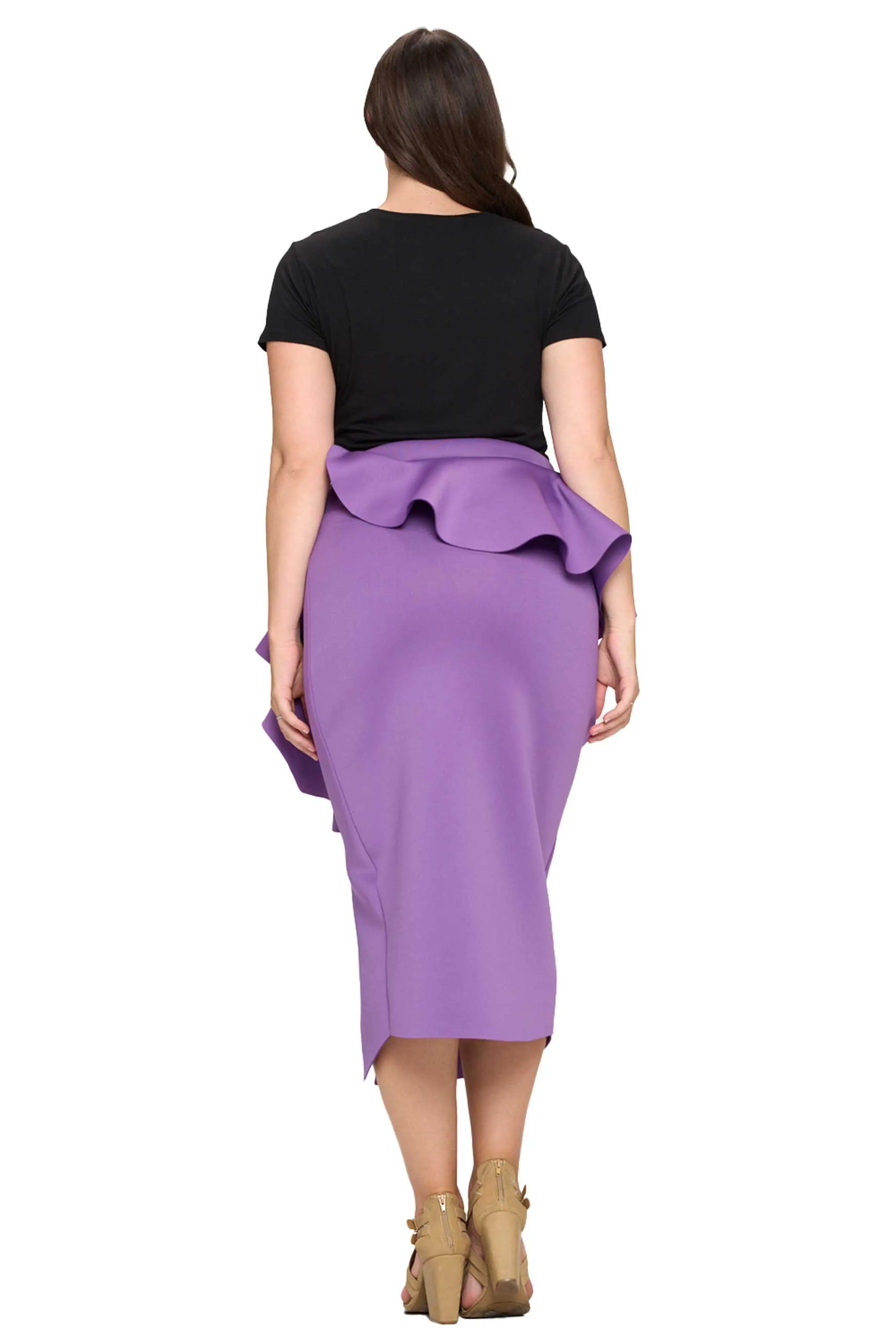 Ruffled Peplum Neoprene Midi Skirt