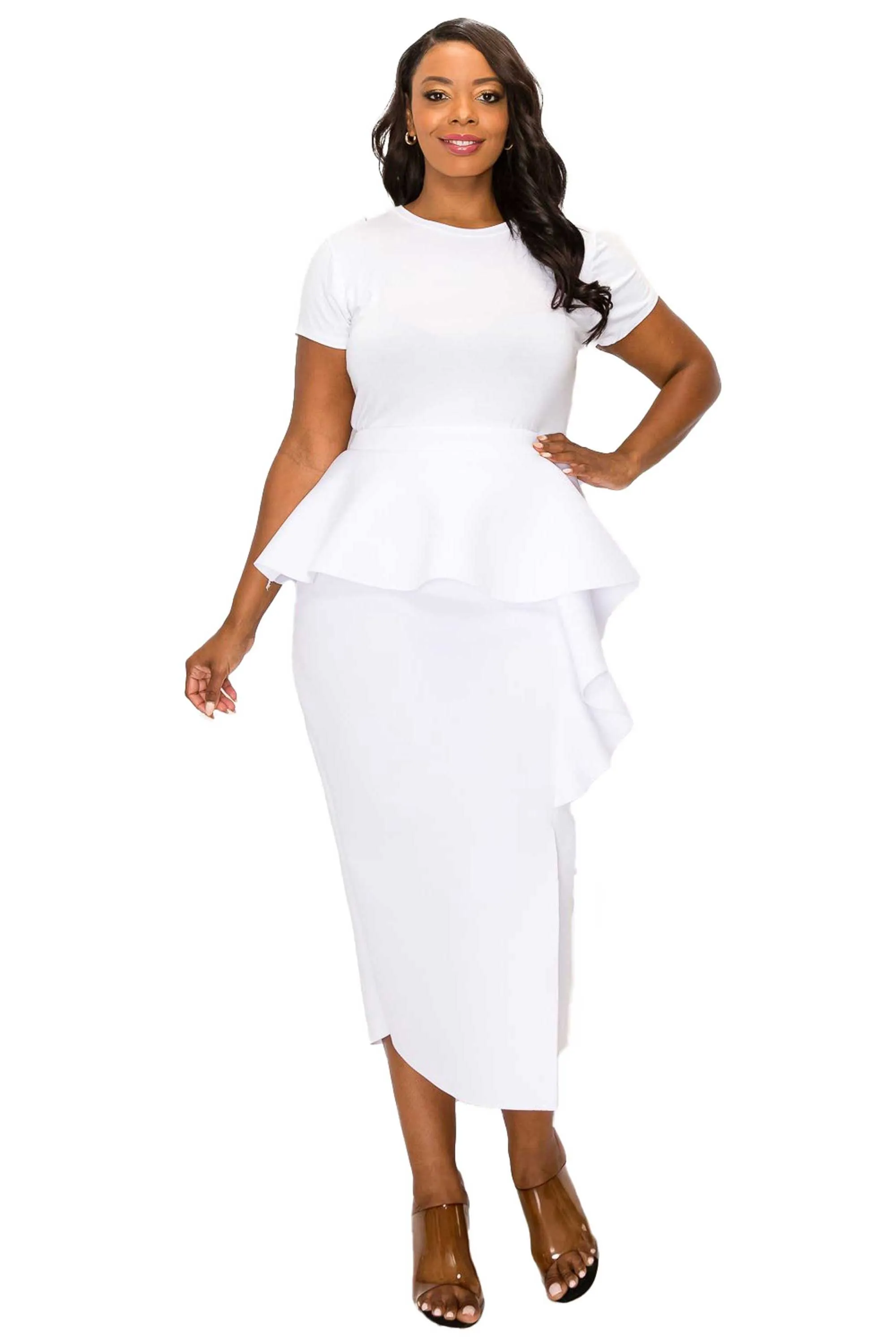 Ruffled Peplum Neoprene Midi Skirt