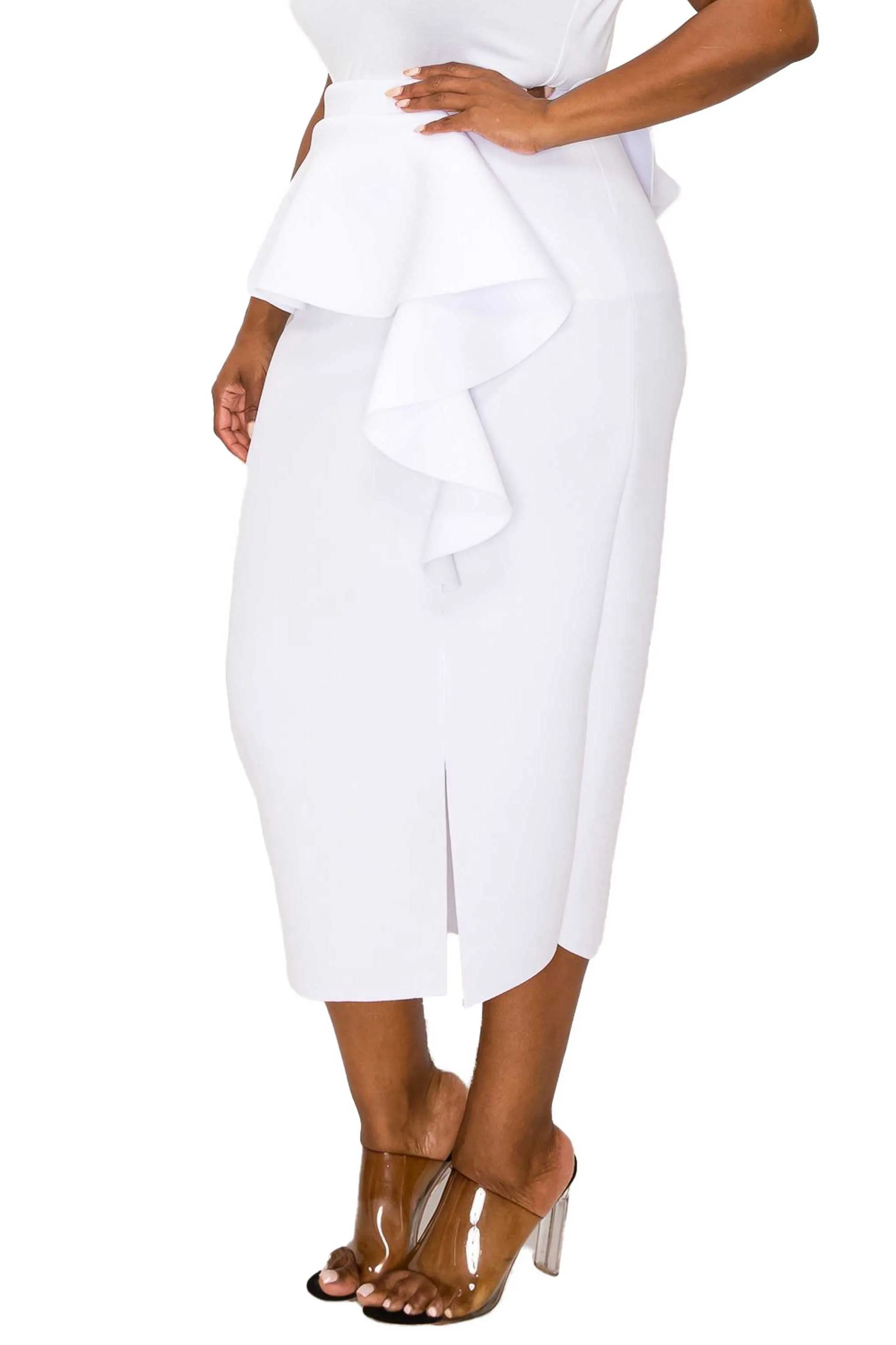 Ruffled Peplum Neoprene Midi Skirt