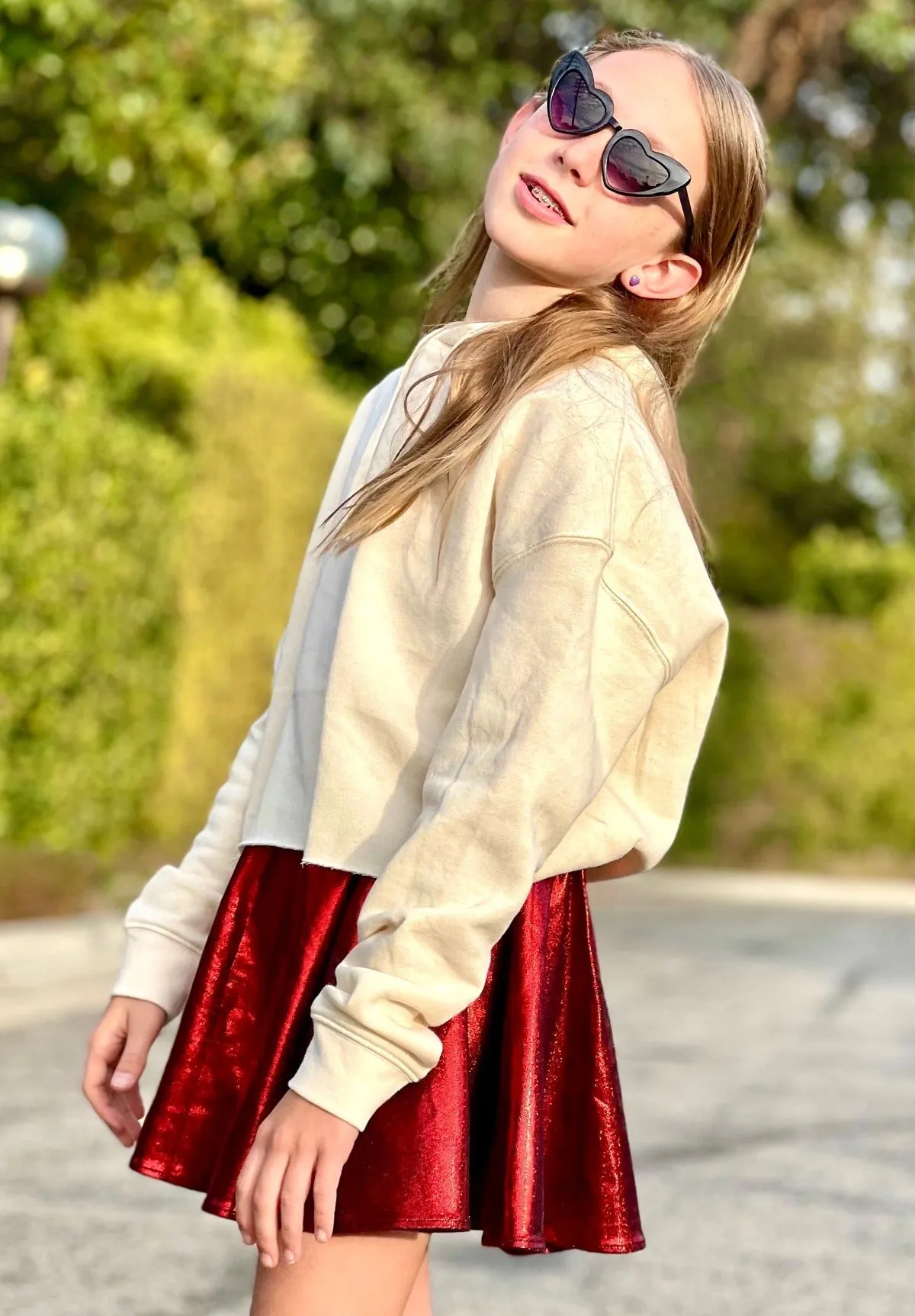 Shirred Skater Skirt - Red Black Glitter