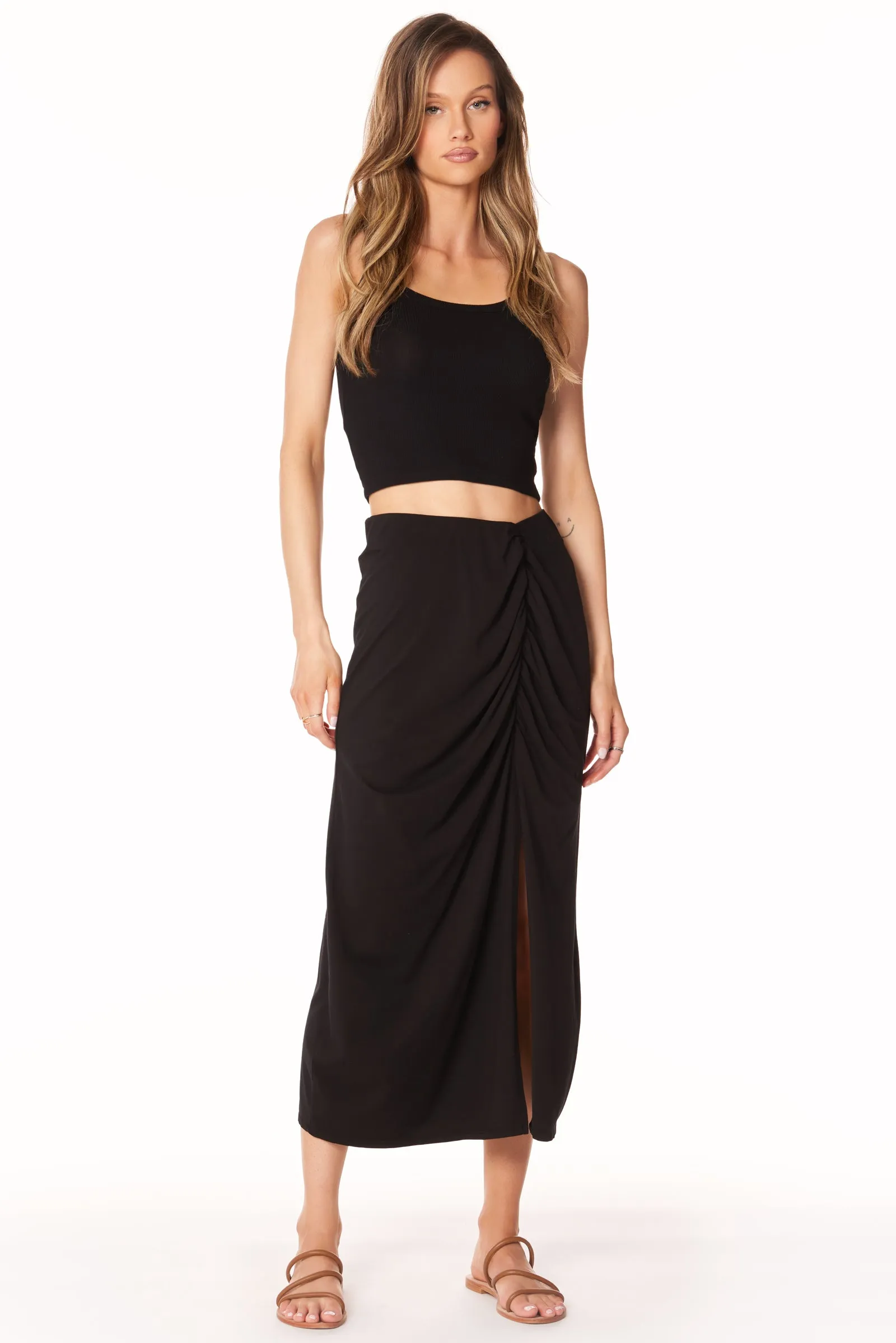 SHIRRED SKIRT WITH SLIT