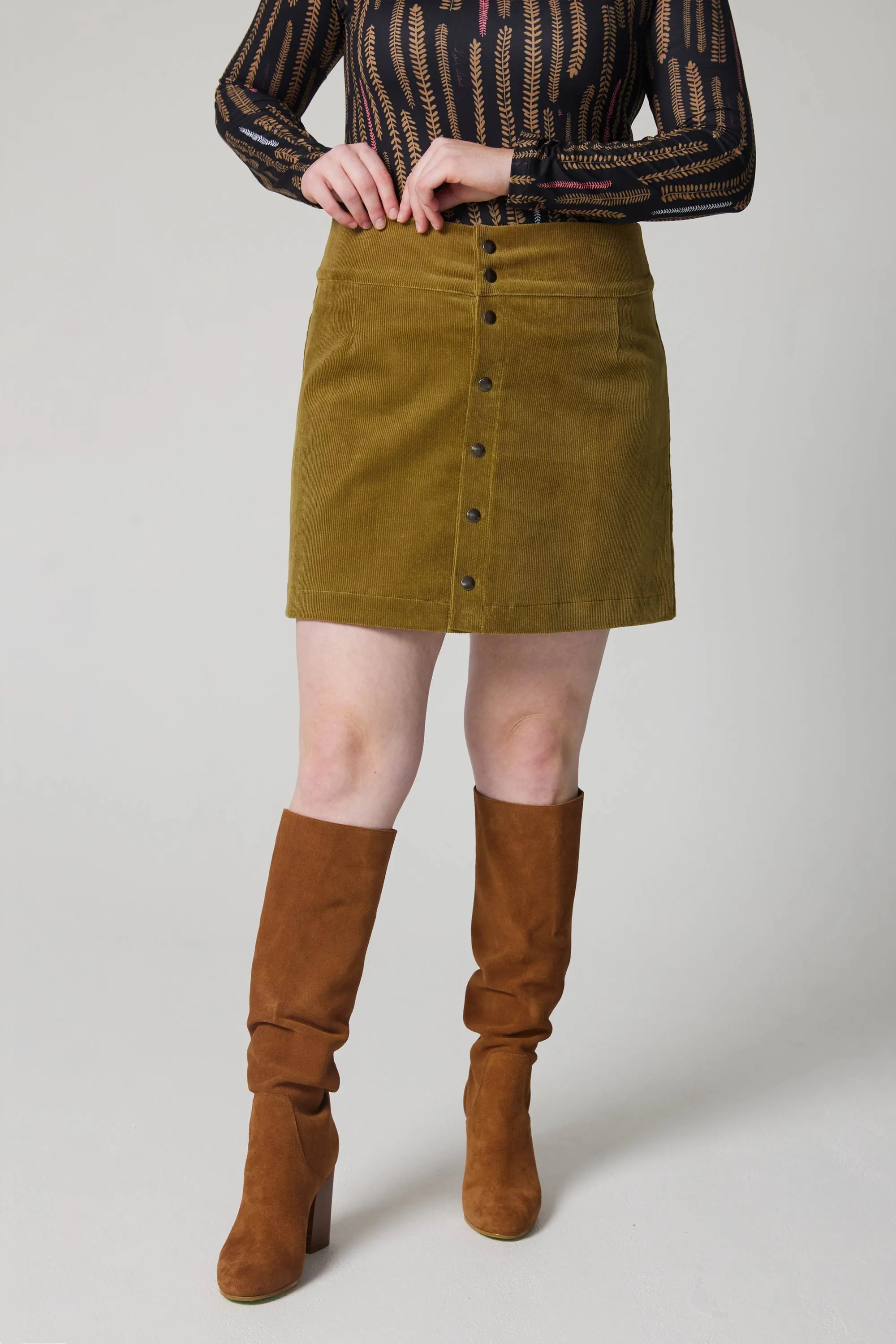 Snap Button Corduroy Skirt - Khaki