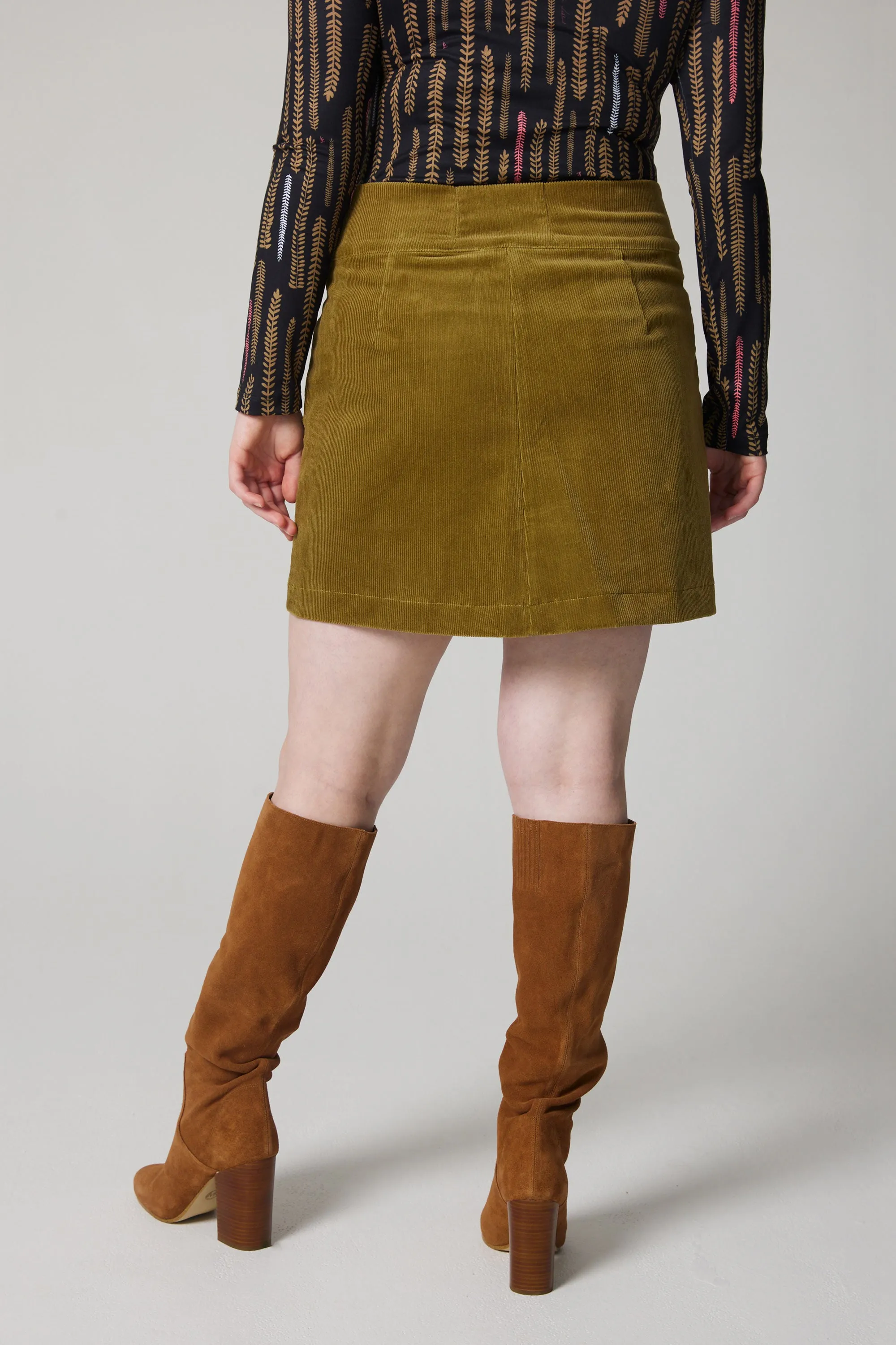 Snap Button Corduroy Skirt - Khaki